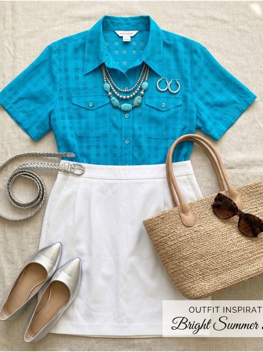 Alfred Dunner Size 16 Turquoise Textured Check Button Up Shirt Short Sleeve